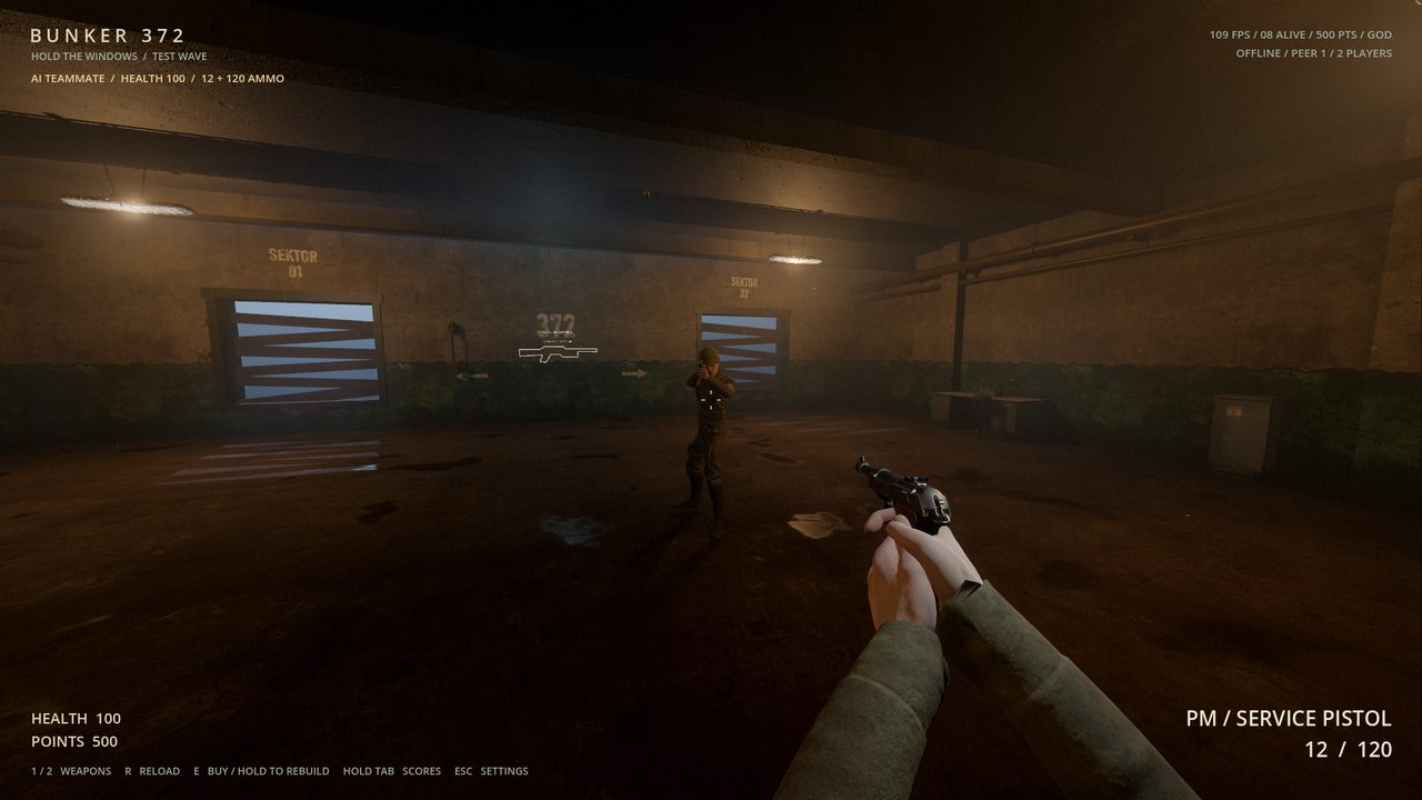 Bunker training room with an AI companion and a pistol